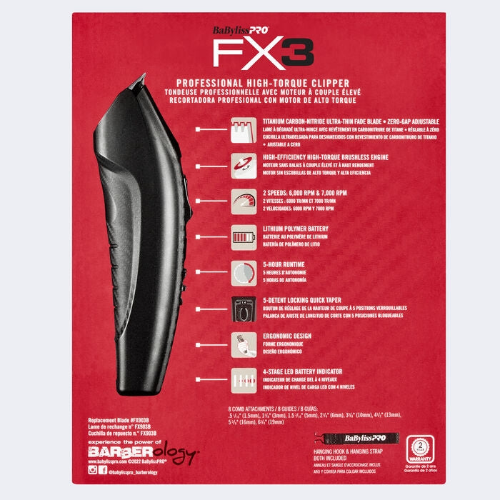 BaBylissPRO FX3 Matte Black Professional High-Torque Cordless Clipper (FXX3CB) + FREE DLC/Titanium Fade Blade (FX903B) — image 5
