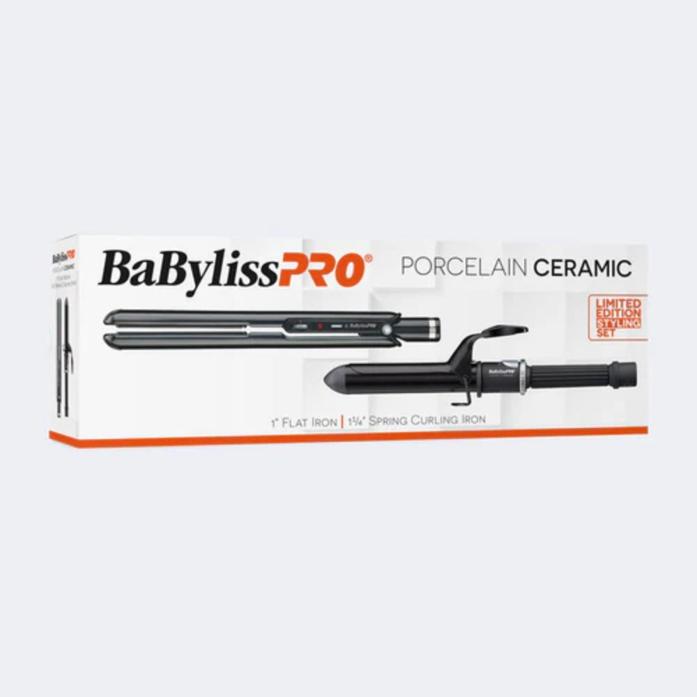 Babyliss Pro Porcelain Ceramic 1" Flat Iron + 1 1/4" Spring Curling Iron Duo Pack (BPCPP6UC) — image 1