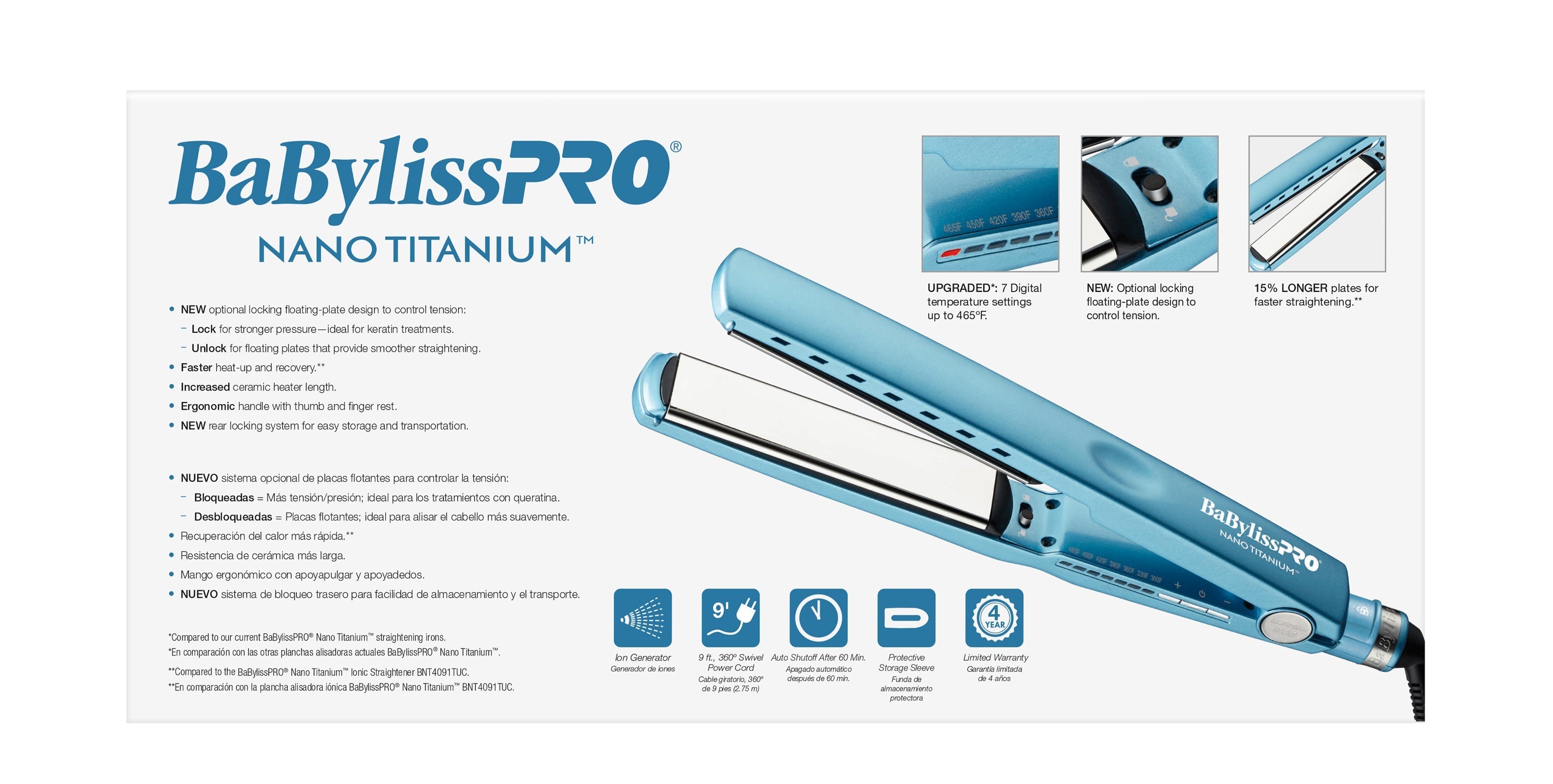BaBylissPRO Nano Titanium Extended Ionic Flat Iron - 1 1/4" (BNT9091TXL) — image 8