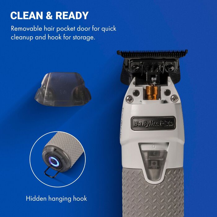 All-metal trimmer with white body, open blade area, and removable hair clean door.
