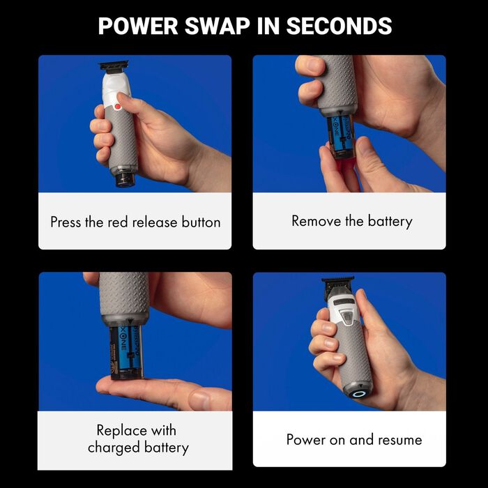 Hand swapping the trimmer battery, showing the removed battery module.
