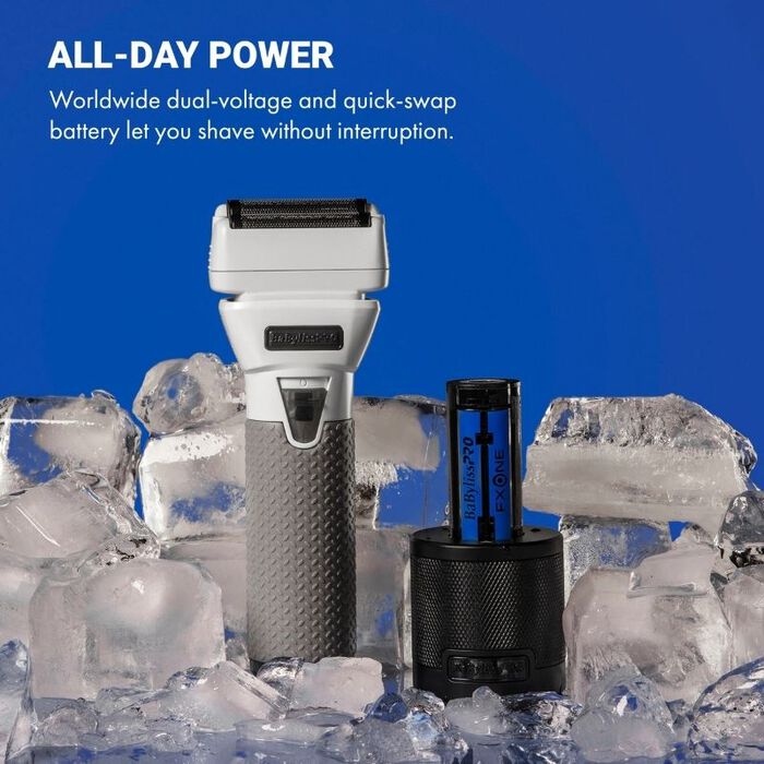Foil shaver with ice graphics; white head and gray textured grip