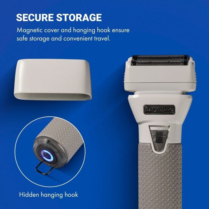 Foil shaver with cover and hanging hook detail; white head and gray textured handle
