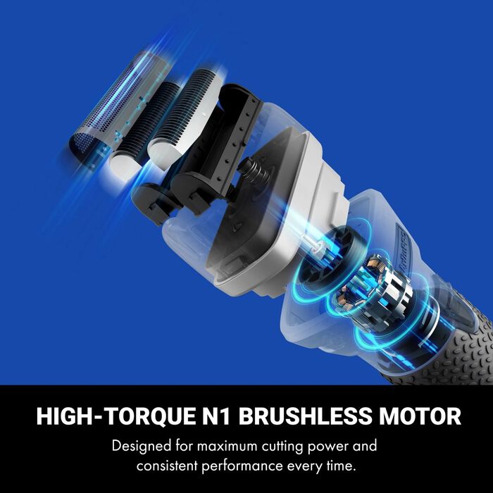 Foil shaver with glowing internal parts graphic; white head and gray textured grip