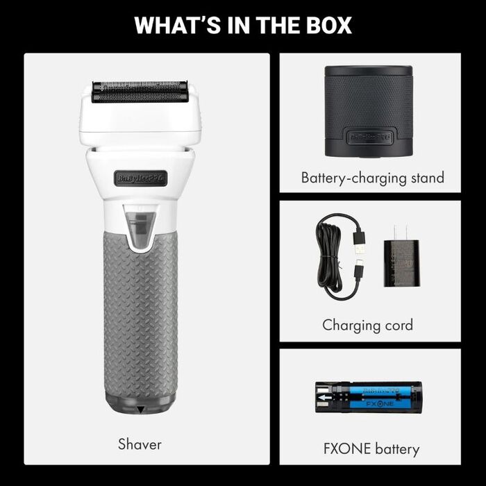 Foil shaver box contents layout with charging stand, cord, and FXONE battery