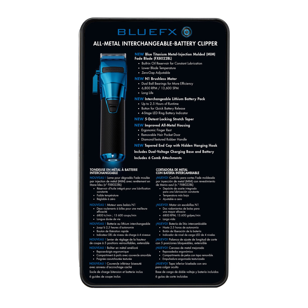 BaBylissPRO FXONE BlueFX Limited Edition Black & Blue All-Metal Interchangeable-Battery Cordless Clipper (FX899BL) — image 8