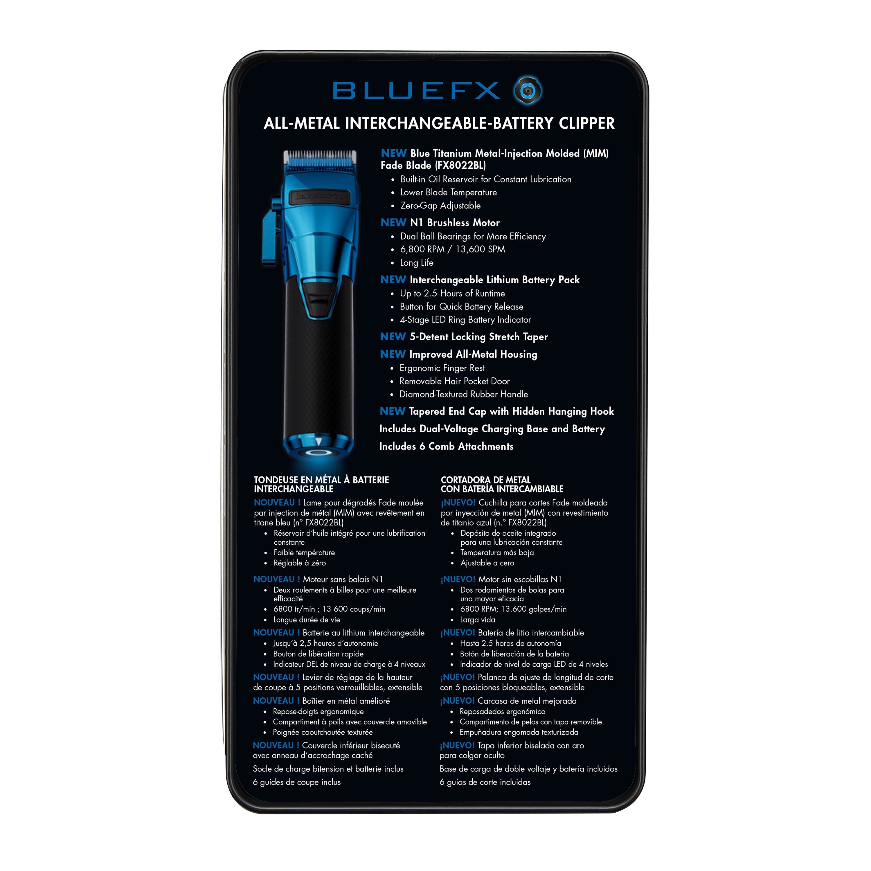 BaBylissPRO FXONE BlueFX Limited Edition Black & Blue All-Metal Interchangeable-Battery Cordless Clipper (FX899BL) — image 8