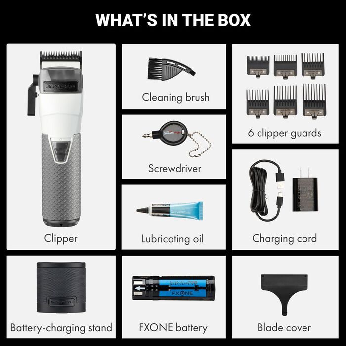 Clipper set with charging stand, FXONE battery, guards, cleaning brush, oil, cord, driver.