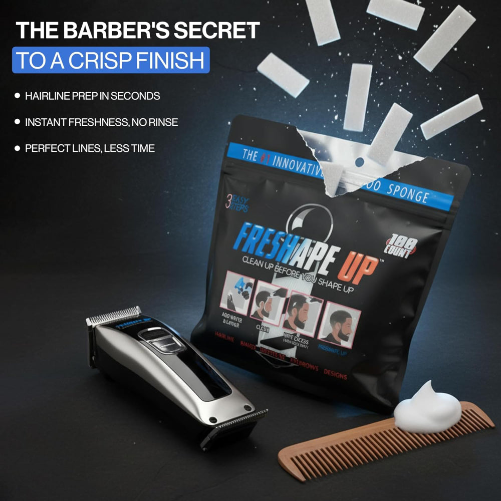 Freshape Up 100 Packs – Barber Shampoo Infused Sponges for Hairline Cleaning (No Rinse)