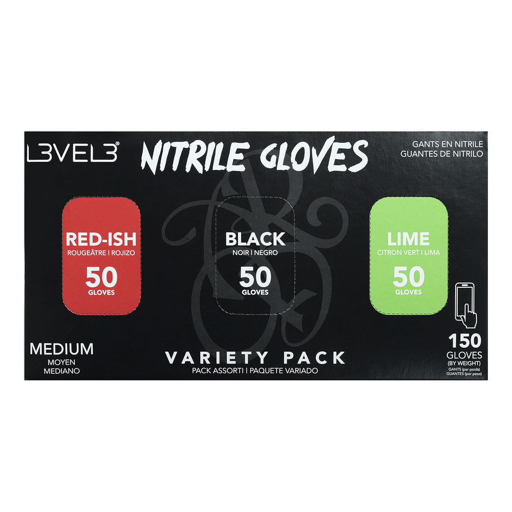 L3VEL3 Nitrile Gloves Variety Pack (RED-ISH, BLACK, LIME)