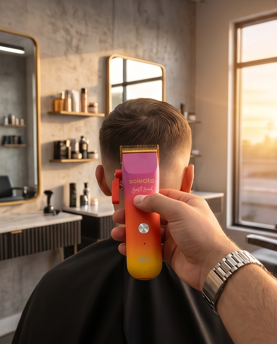 Professional hair clipper held against short hair, purple cutting head and orange gradient body