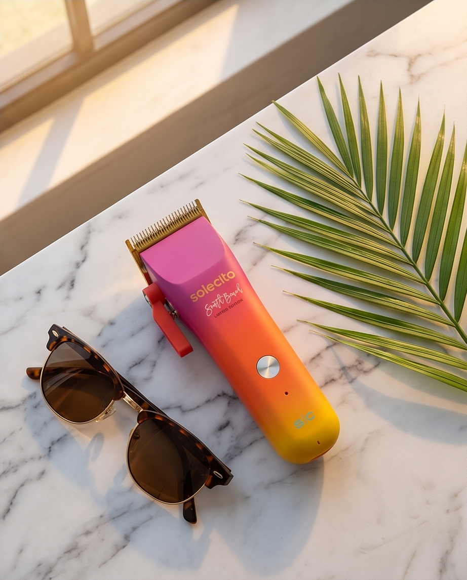 Professional hair clipper with purple head and orange-to-yellow gradient body beside combs