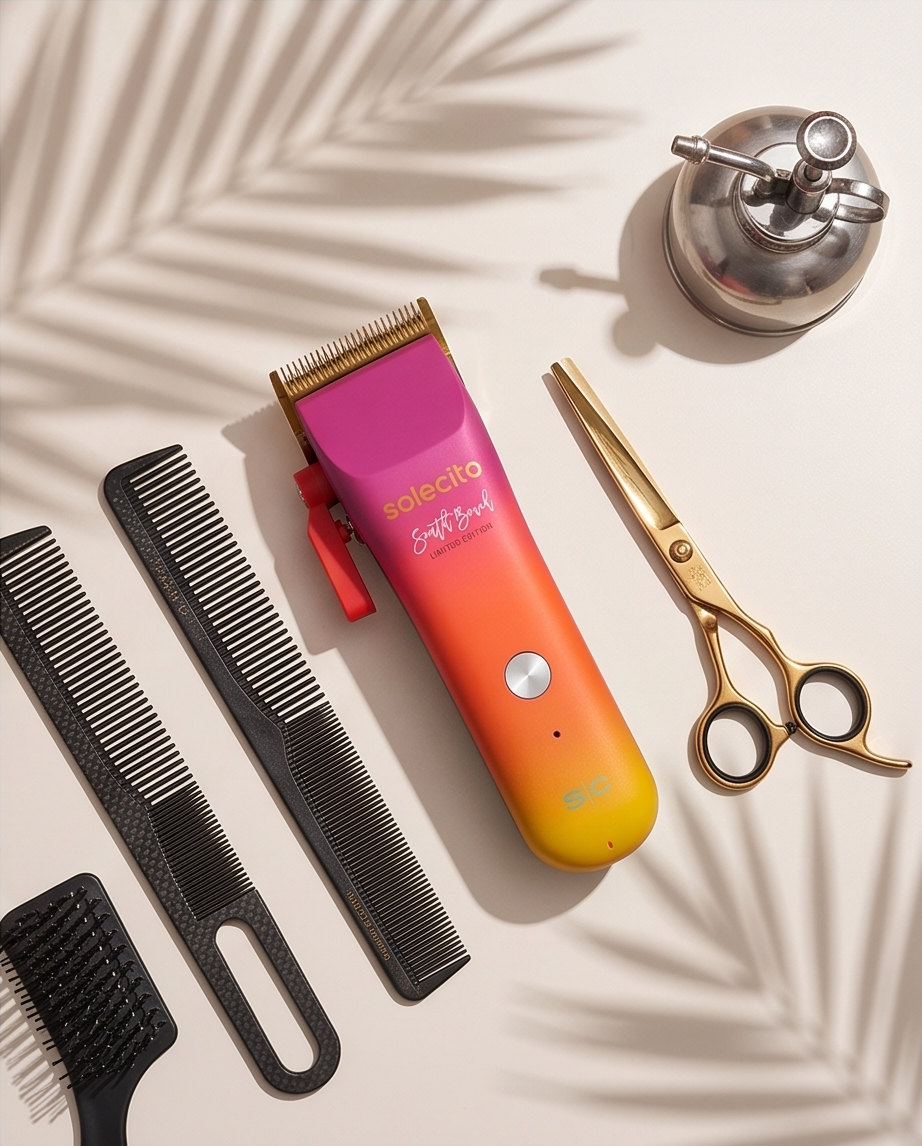 Professional hair clipper with purple cutting head, orange-to-yellow gradient body, combs and shears nearby