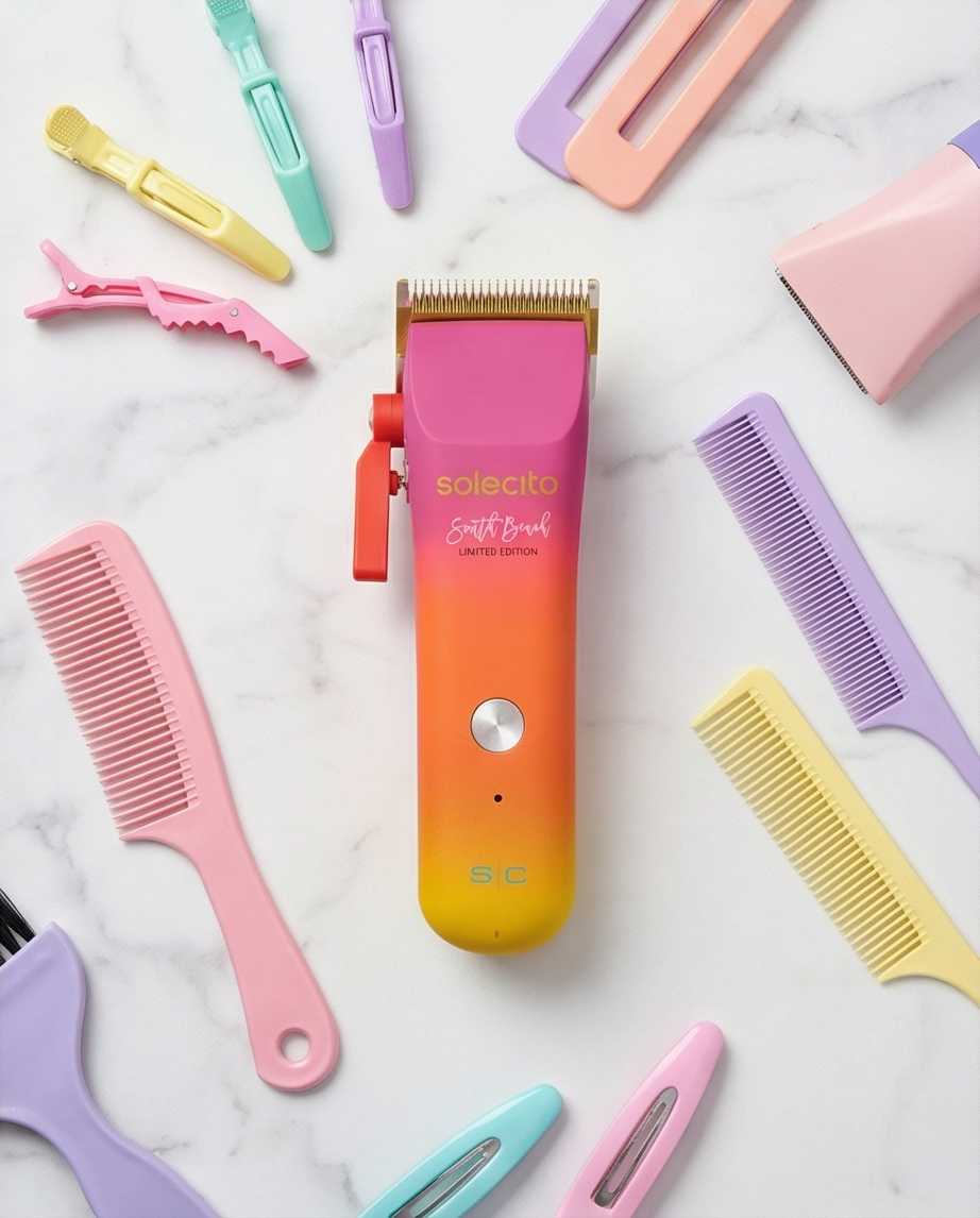 Professional hair clipper on white surface with multiple colored comb attachments around it