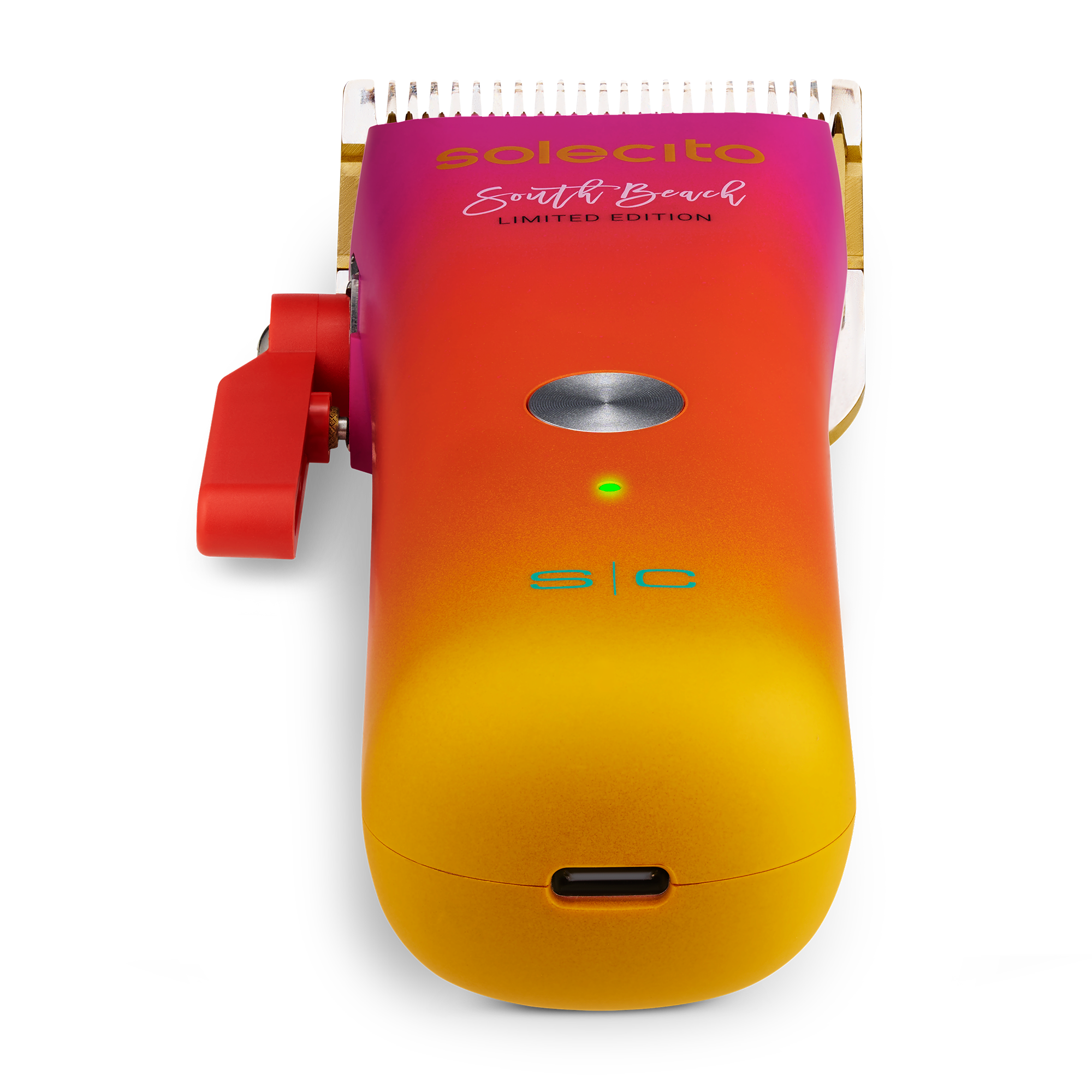 Solecito compact cordless clipper with gold blade, green indicator light on gradient body