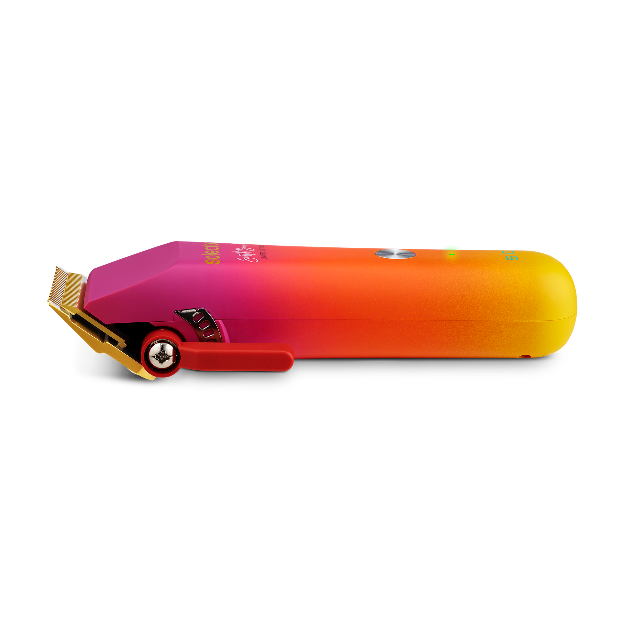 Solecito cordless clipper side view with gold blade, red control and magenta-orange body
