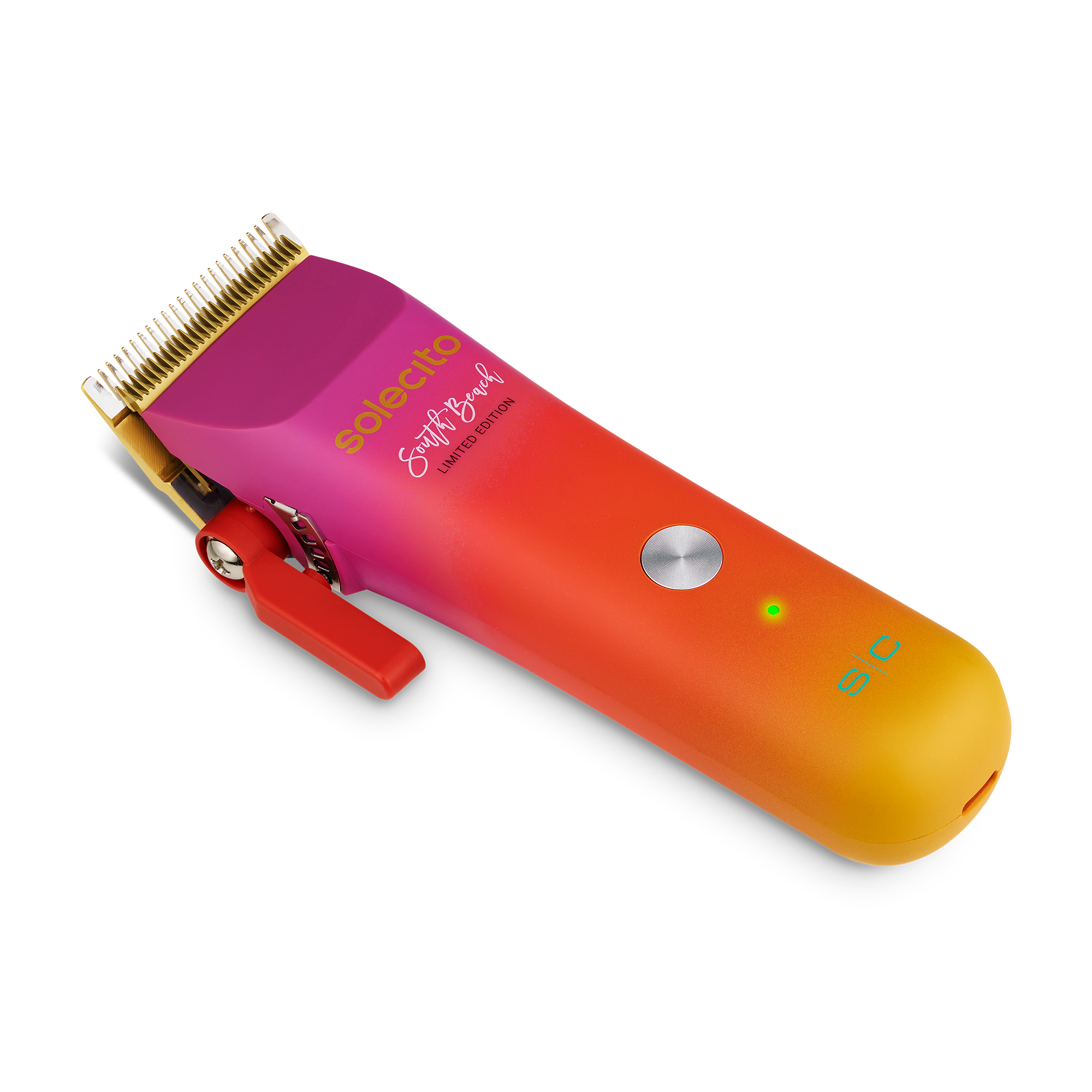 Solecito cordless clipper with gold blade and red lever, magenta-orange gradient handle
