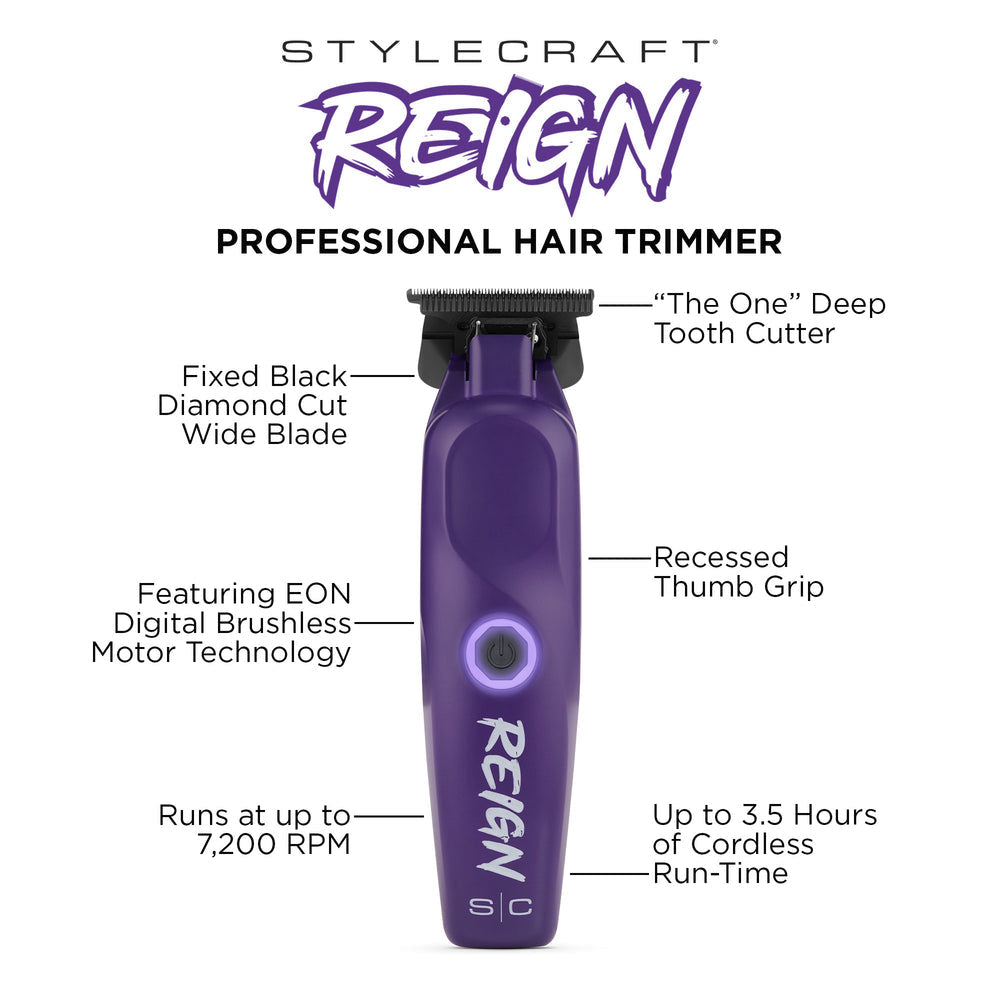 StyleCraft Reign EON Digital Brushless Motor Cordless Clipper + Trimmer - Purple (Combo) (SC620P/SC422P)