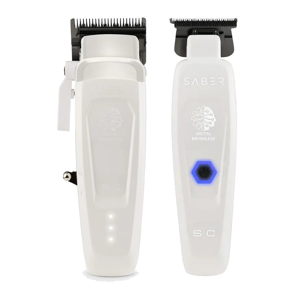 StyleCraft Limited Edition Saber II Cordless Digital Brushless Motor Clipper + Trimmer - White (SC619/SC421W) (Combo)