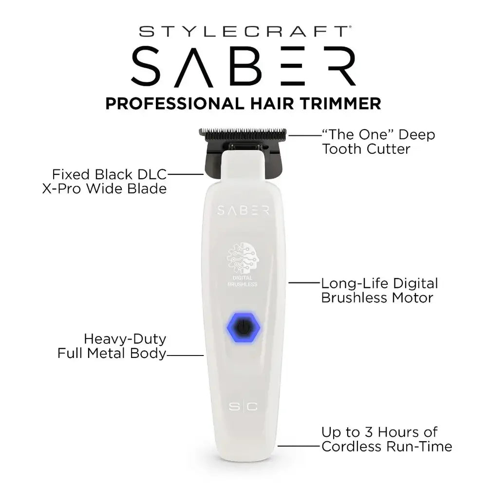 StyleCraft Limited Edition Saber II Cordless Digital Brushless Motor Clipper + Trimmer - White (SC619/SC421W) (Combo)
