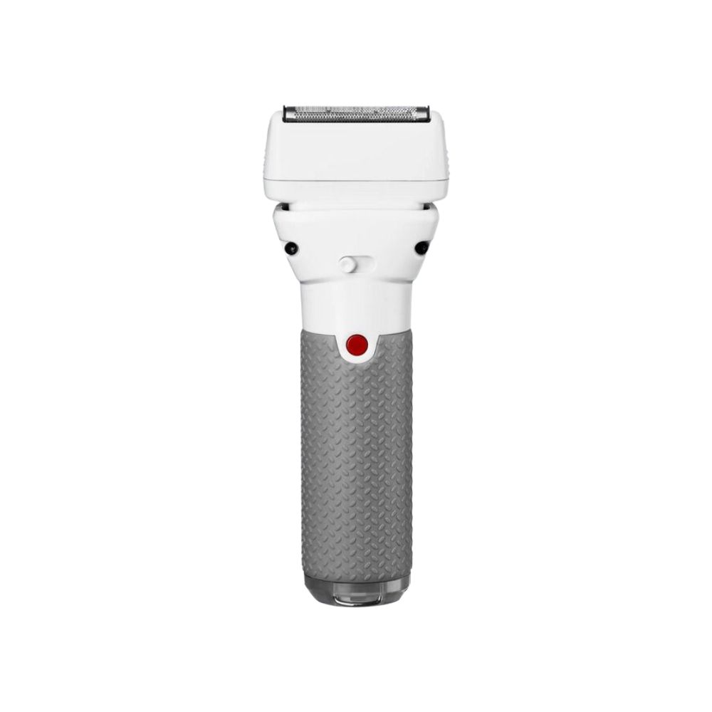 Cordless hair shaver with black foil head, red button, textured gray grip, white body