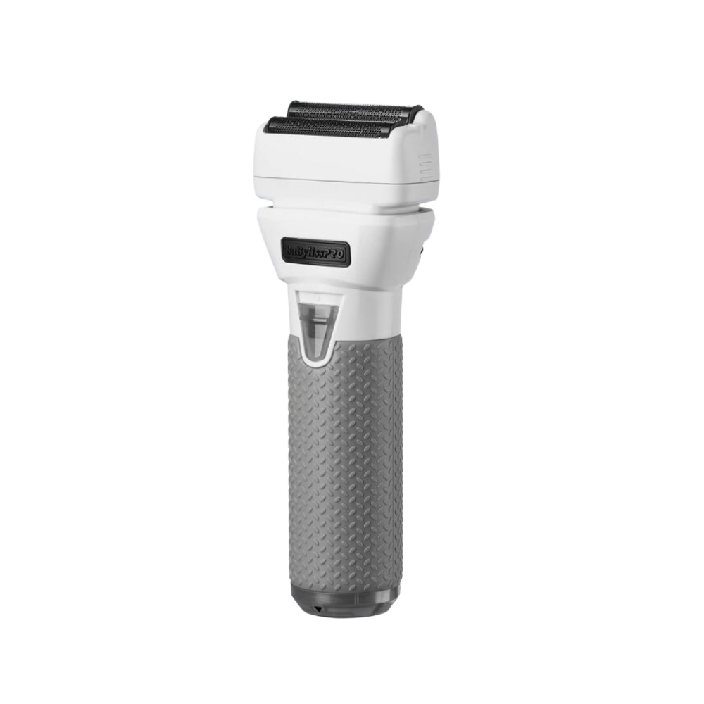 Frostbyte limited edition foil shaver, angled view with white head and gray textured handle