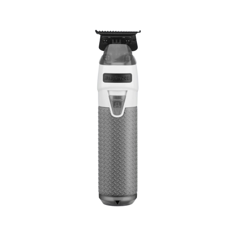 All-metal trimmer with white body, dark clear guard and black clipper head.