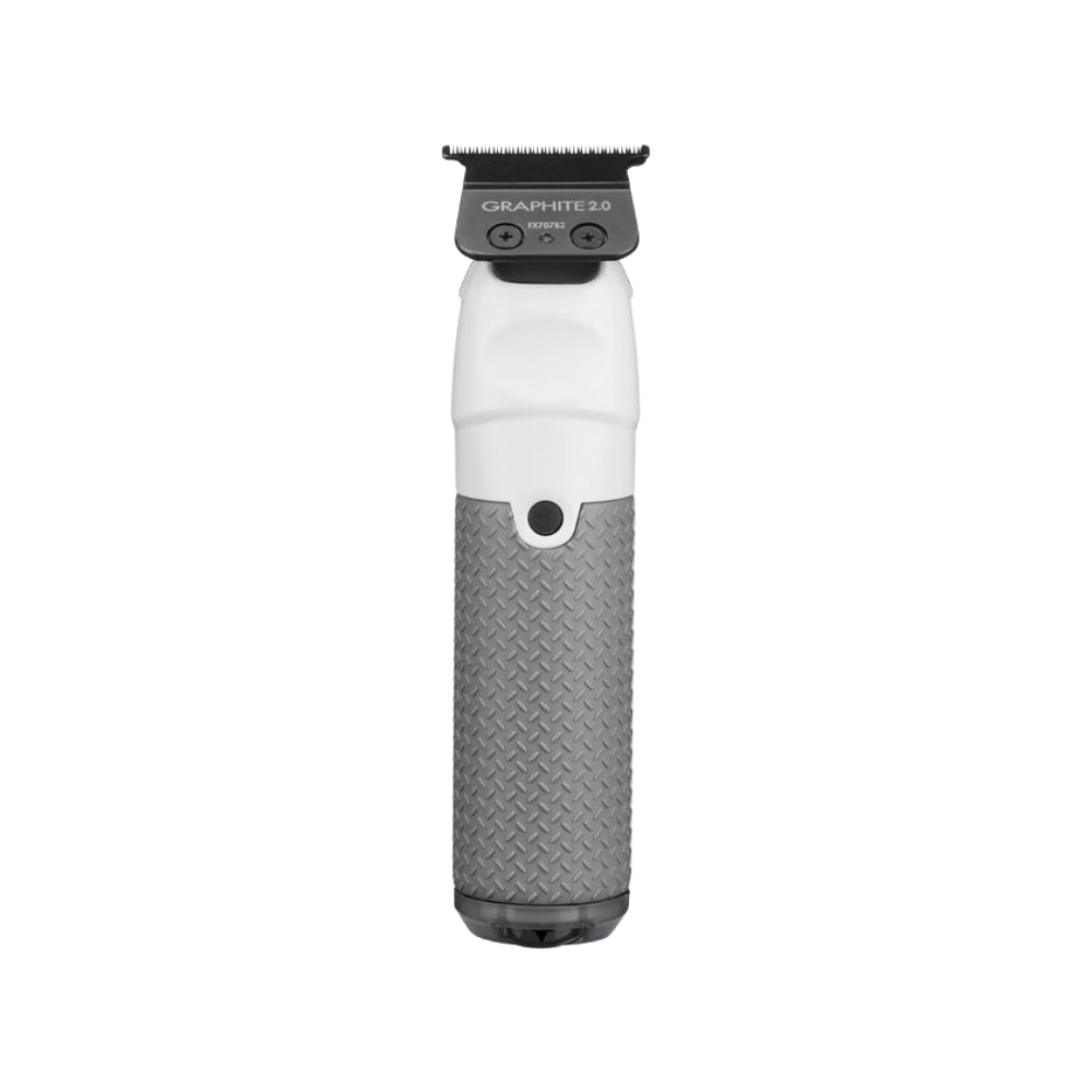 All-metal trimmer with white body and dark graphite blade cartridge on top.