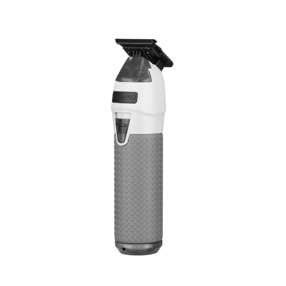 Cordless hair trimmer with open black guard, textured gray grip, white body