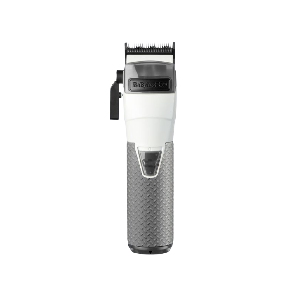 Cordless hair clipper with exposed comb blades, textured gray grip, white body