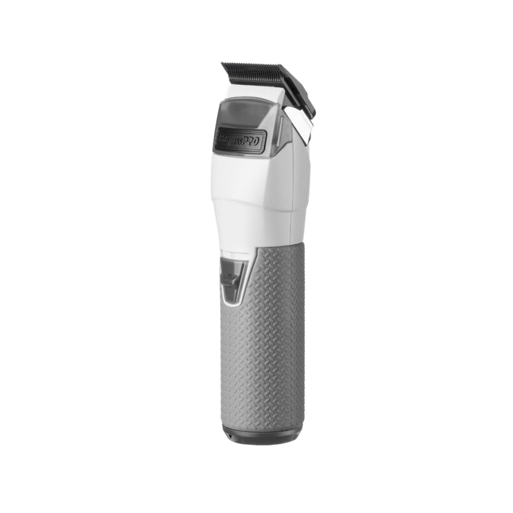 Cordless hair clipper with adjustable side lever, textured gray grip, white body
