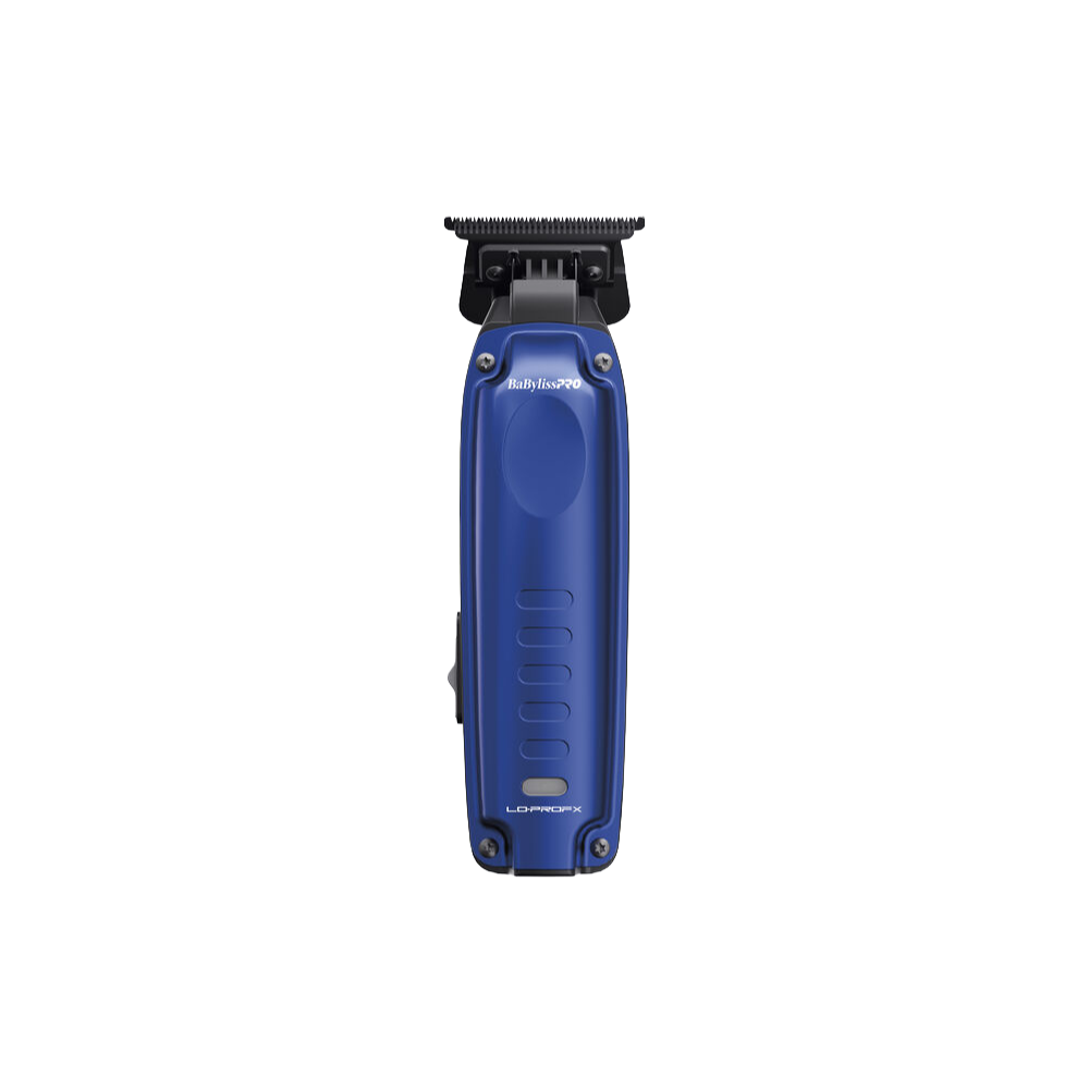 Blue compact trimmer with black cutting head and centered power switch