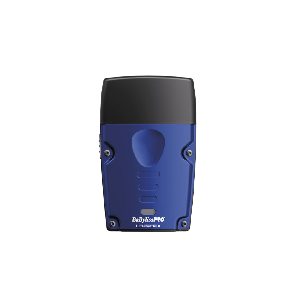 Blue and black foil shaver body with black top cap and side screws