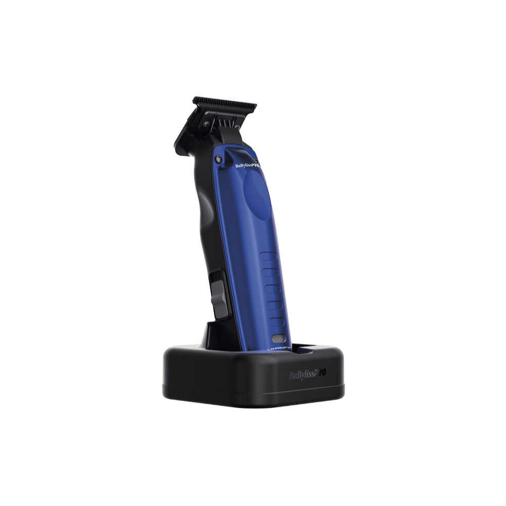 Blue and black trimmer in charging base with raised cutting head