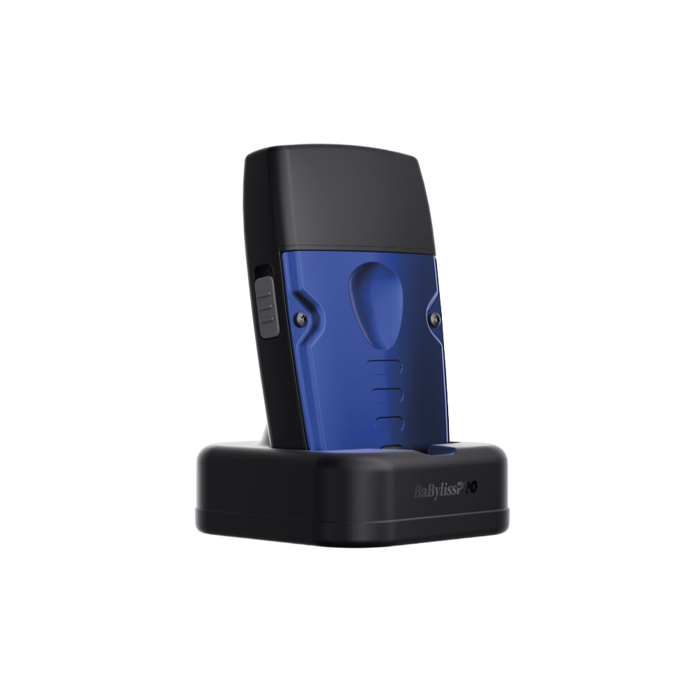 Blue and black trimmer docked on black charging base