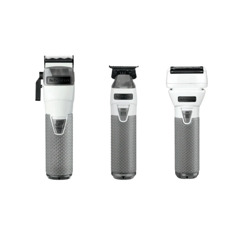 Cordless grooming trimmer set with three clipper/shaver tools, white and gray