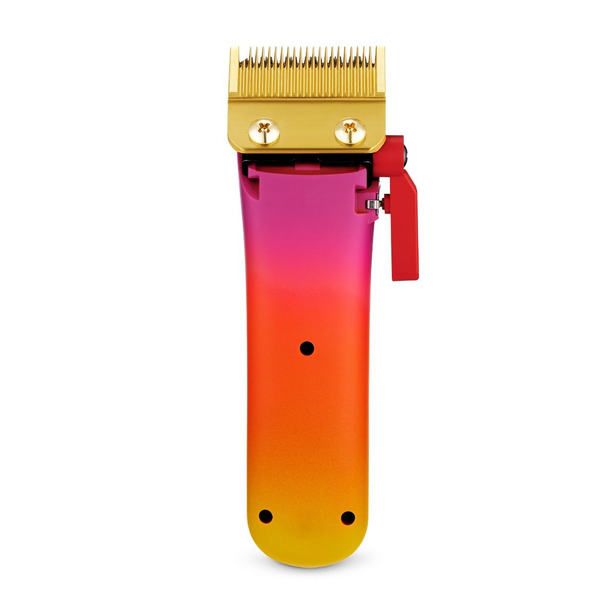 Solecito cordless clipper with gold trimmer blade and red side lever; magenta-orange body