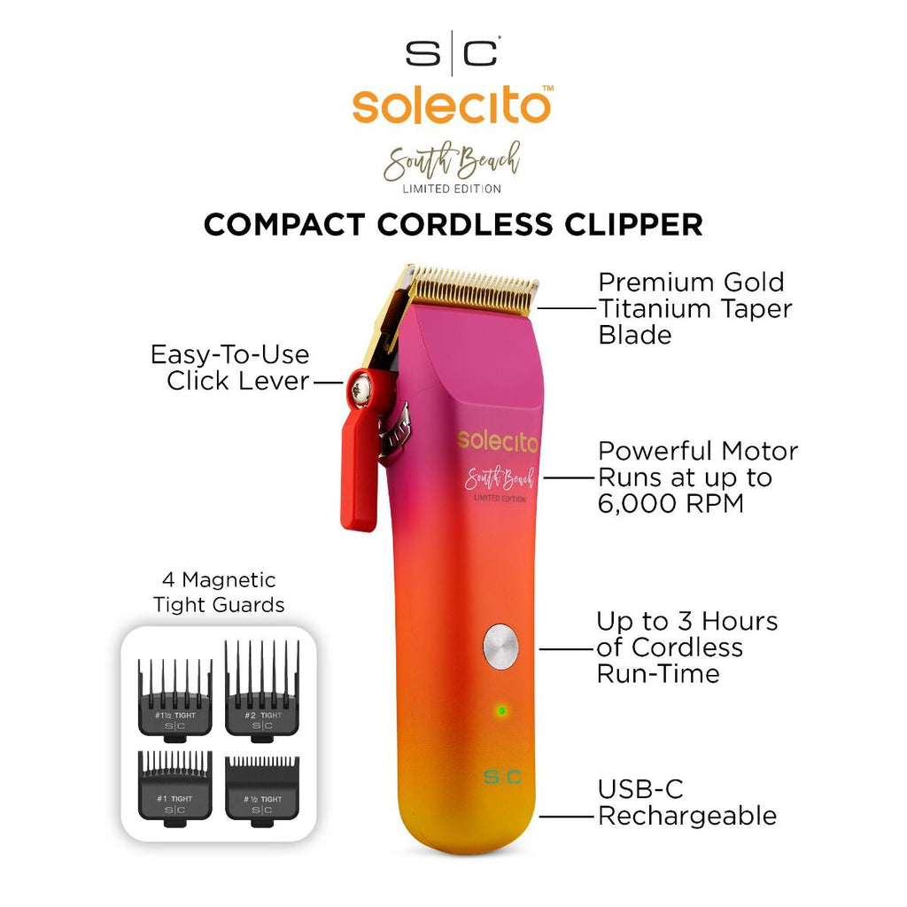 Solecito compact cordless clipper with gold blade and red click lever on gradient body