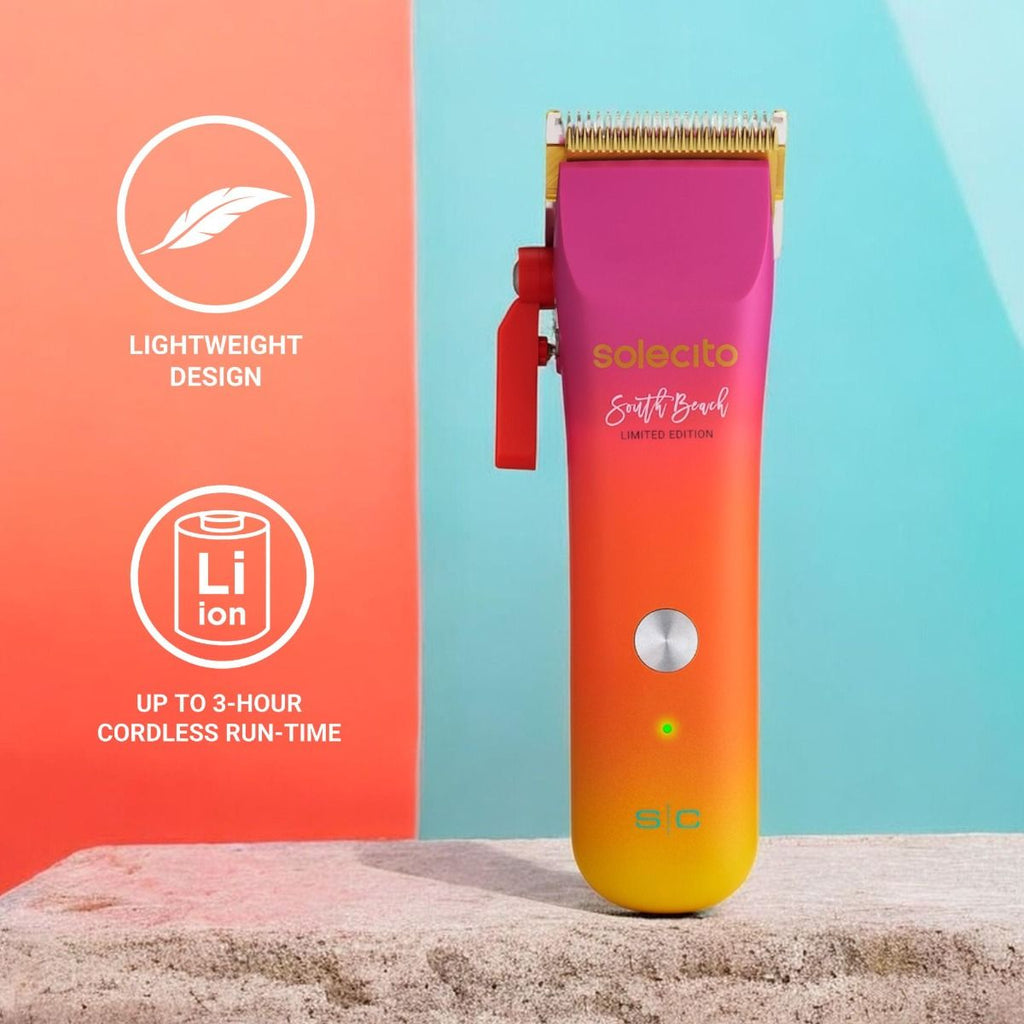 Solecito compact cordless clipper with gold blade, magenta-orange gradient body and indicator